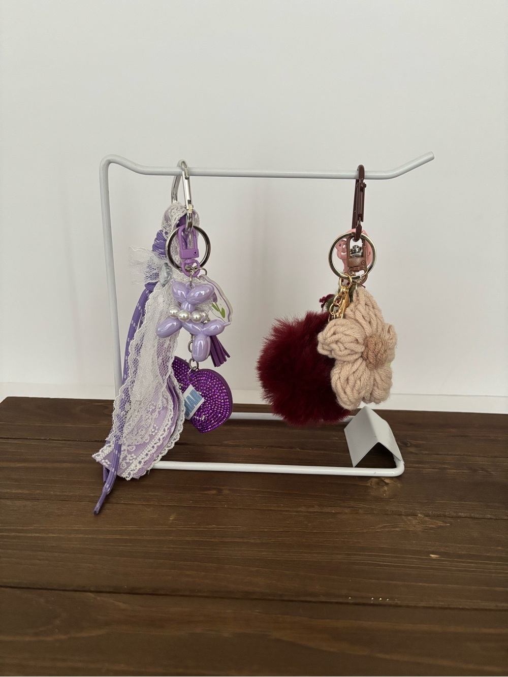 2 PC Purple Lace & Burgundy Pom Pom Keychain Set.